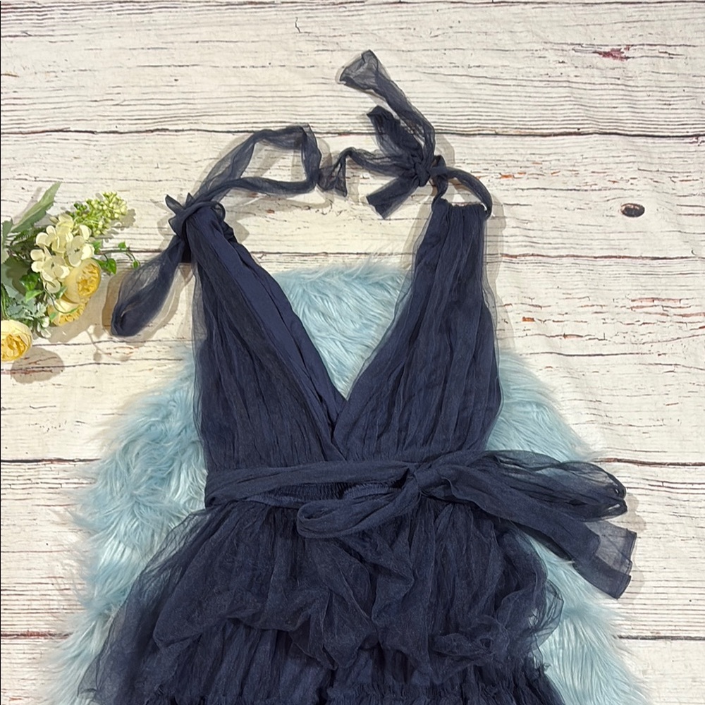 NWOT Lulus Flawless Arrival Navy Blue Tulle Tie-Strap Tiered Maxi Dress - Picture 4 of 8